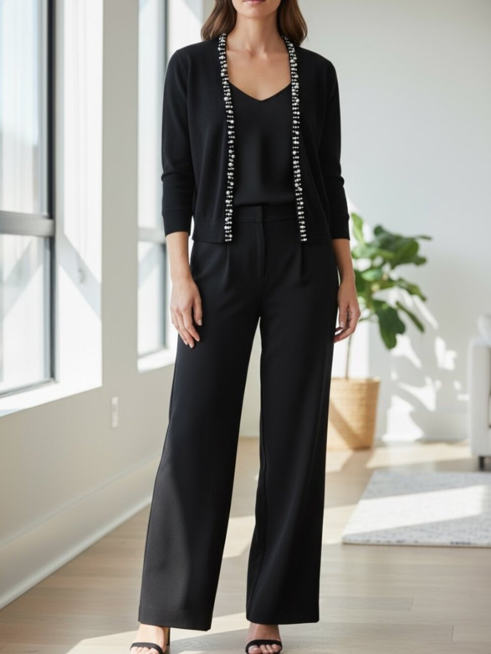 Ronni‎ Nicole Faux Pearl Cropped Open Cardigan Sweater S/M? Black #298C